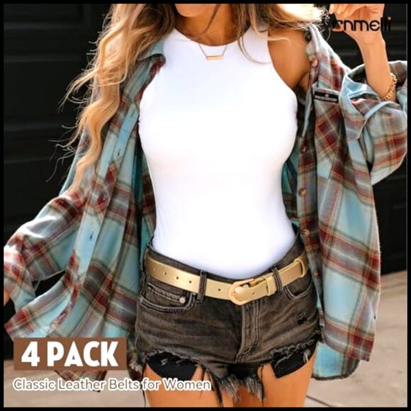 Thin Leather Skinny Belts Set Gold Buckle Elegant Minimal Chic Waist Accent